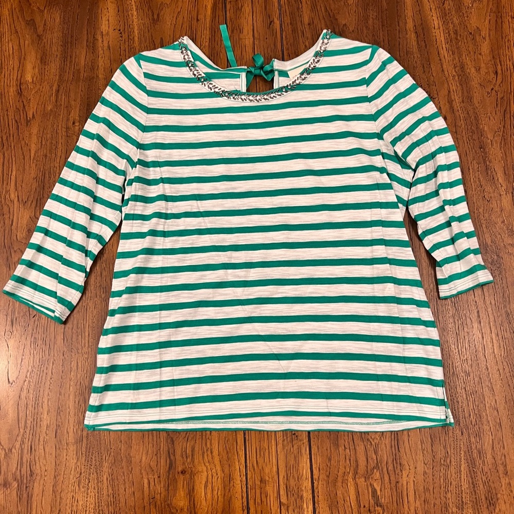 Chico’s Boat Neck Embellished 3/4 Top- Green with white stripes- Size 1P